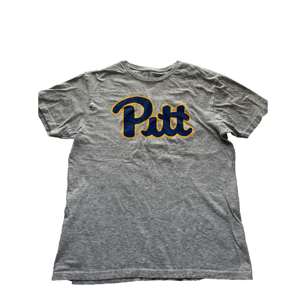 University Of Pitt Panthers T Shirt Script Logo Blue Gold Adult Medium Gray